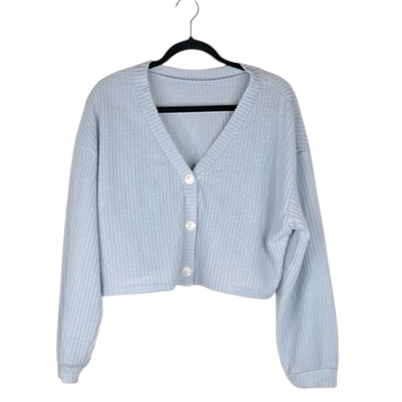 SHEIN Curve Light Blue Waffle Knit V-Neck Long Sleeve Button Down Top Size 2XL - Picture 1 of 6